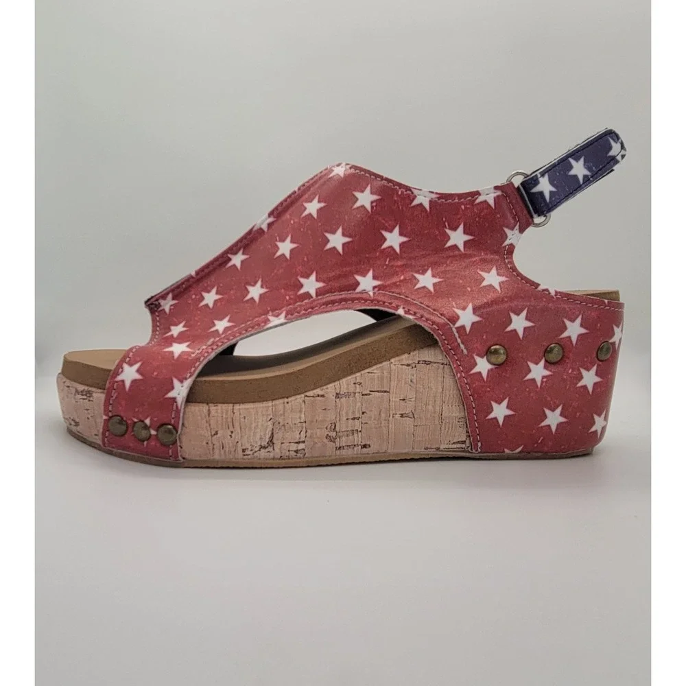 Women's American Flag Wedge Sandals EU 37 US 6 Patriotic Cork Platform Slingback
